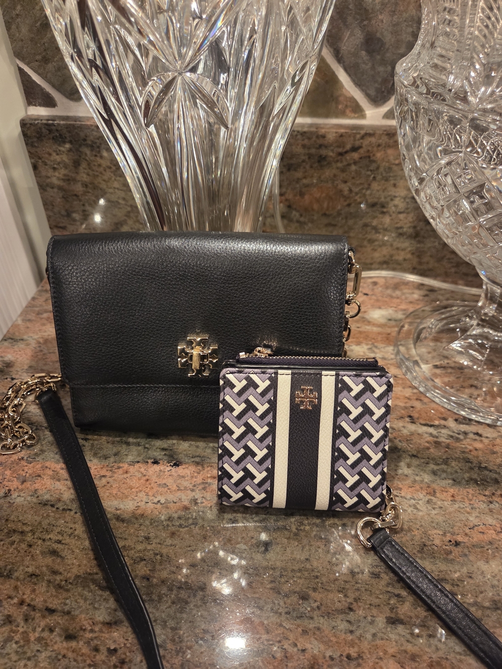 Tory Burch Black Leather Crossbody Bag with Black Patterned Wallett